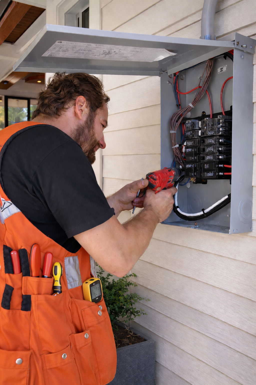 Electrician working inside an outdoor residential breaker panel